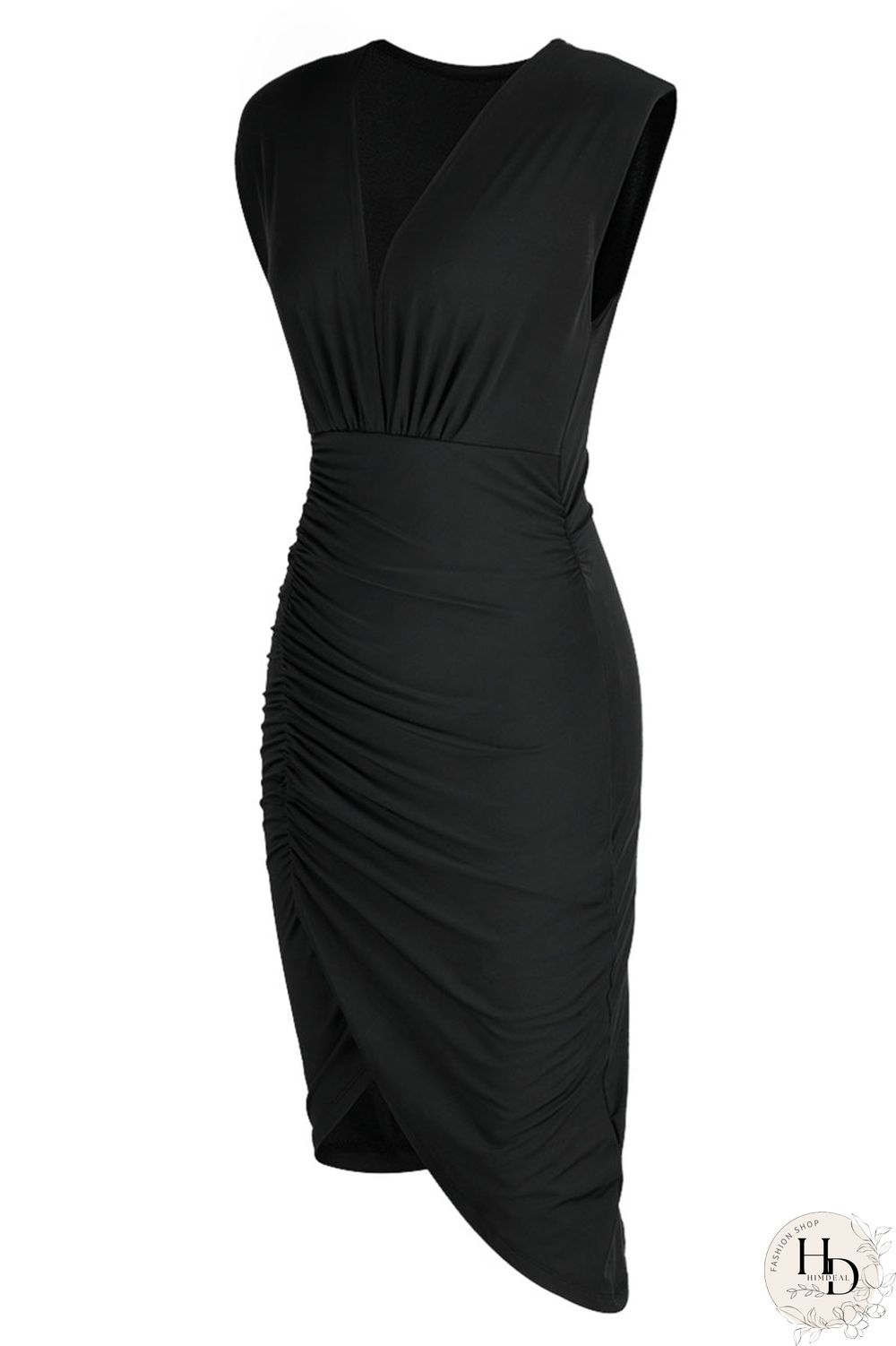 Black Sexy Solid Patchwork Fold Asymmetrical V Neck One Step Skirt Dresses