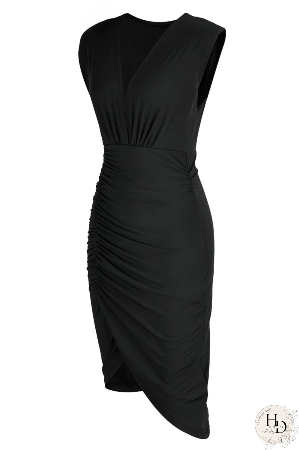 Black Sexy Solid Patchwork Fold Asymmetrical V Neck One Step Skirt Dresses