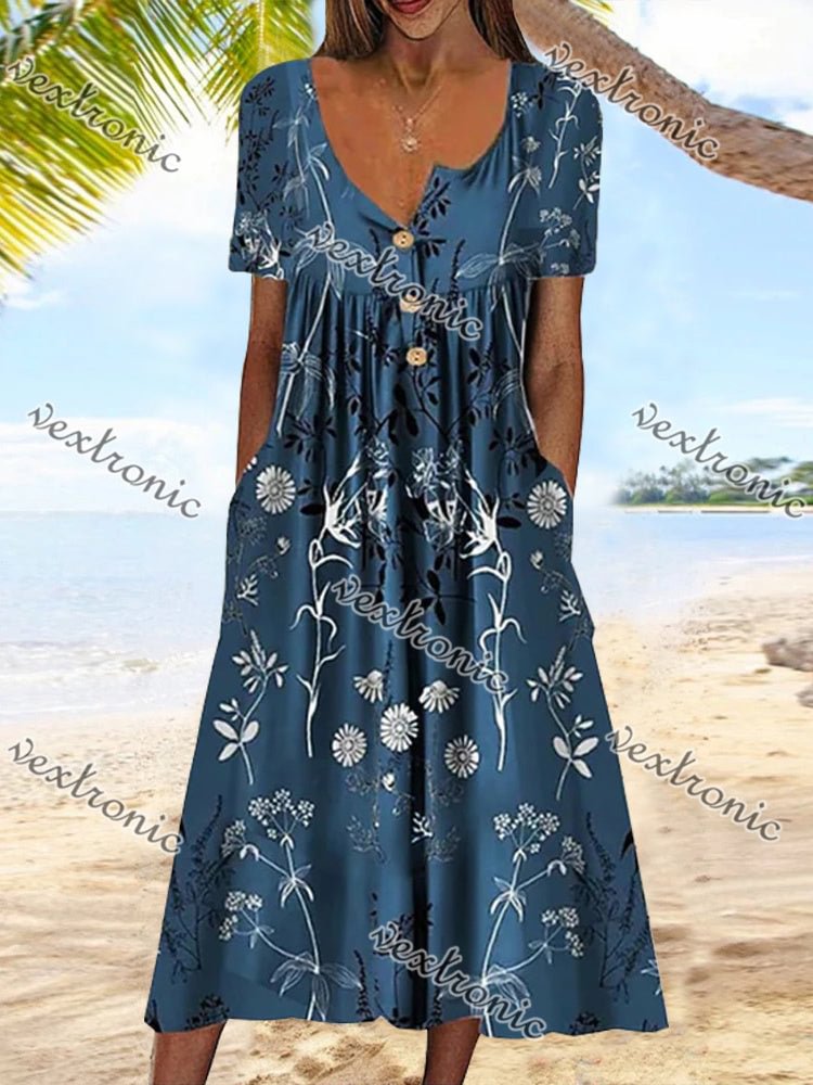 Women's Blue V-neck Short Sleeve Printed Maxi Dress