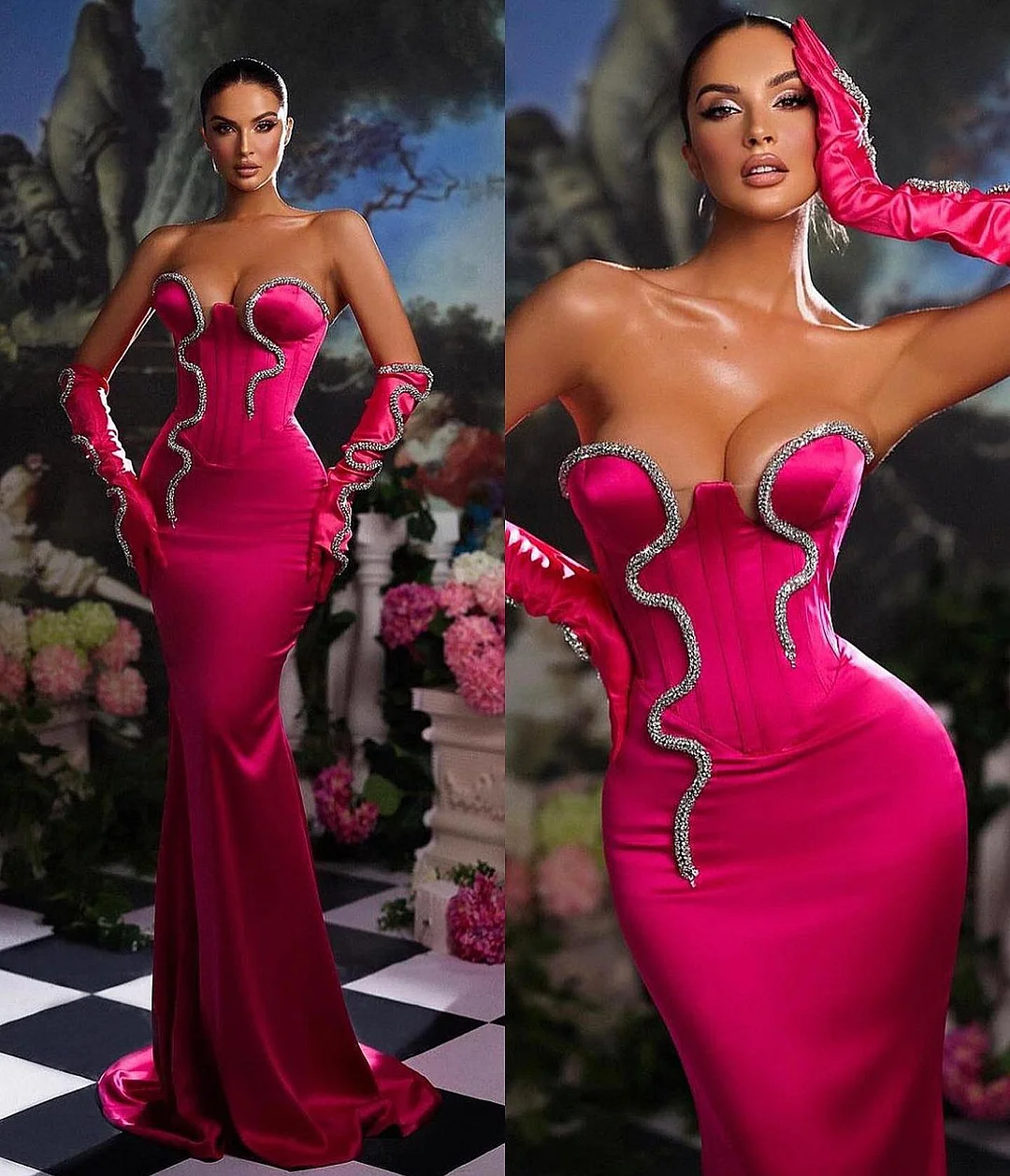 Pink Strapless Mermaid Beaded Prom Dress Long With Gloves YH0086
