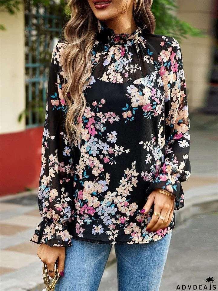 O-neck Floral Print Frill Trim T-shirt for Women