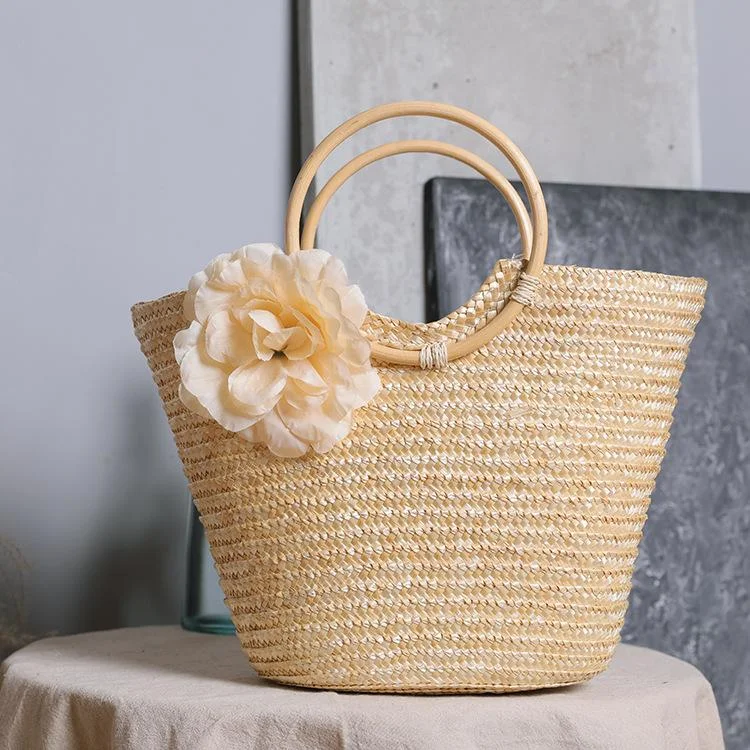 Zipper Wood Handle Straw Hand-Held Bag 