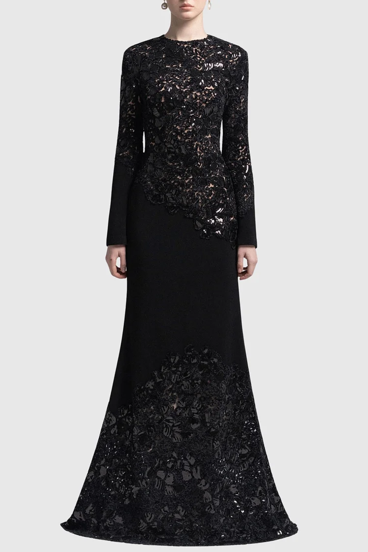 Safra Lace Sequin Satin Maxi Dress - Black