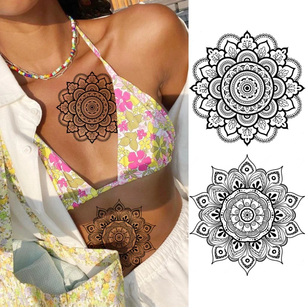 Black Lotus Pendant Temporary Tattoos For Women Adult Rose Flower Jewelry Fake Tattoo Fashion Calf Waterproof Half Sleeve Tatoos