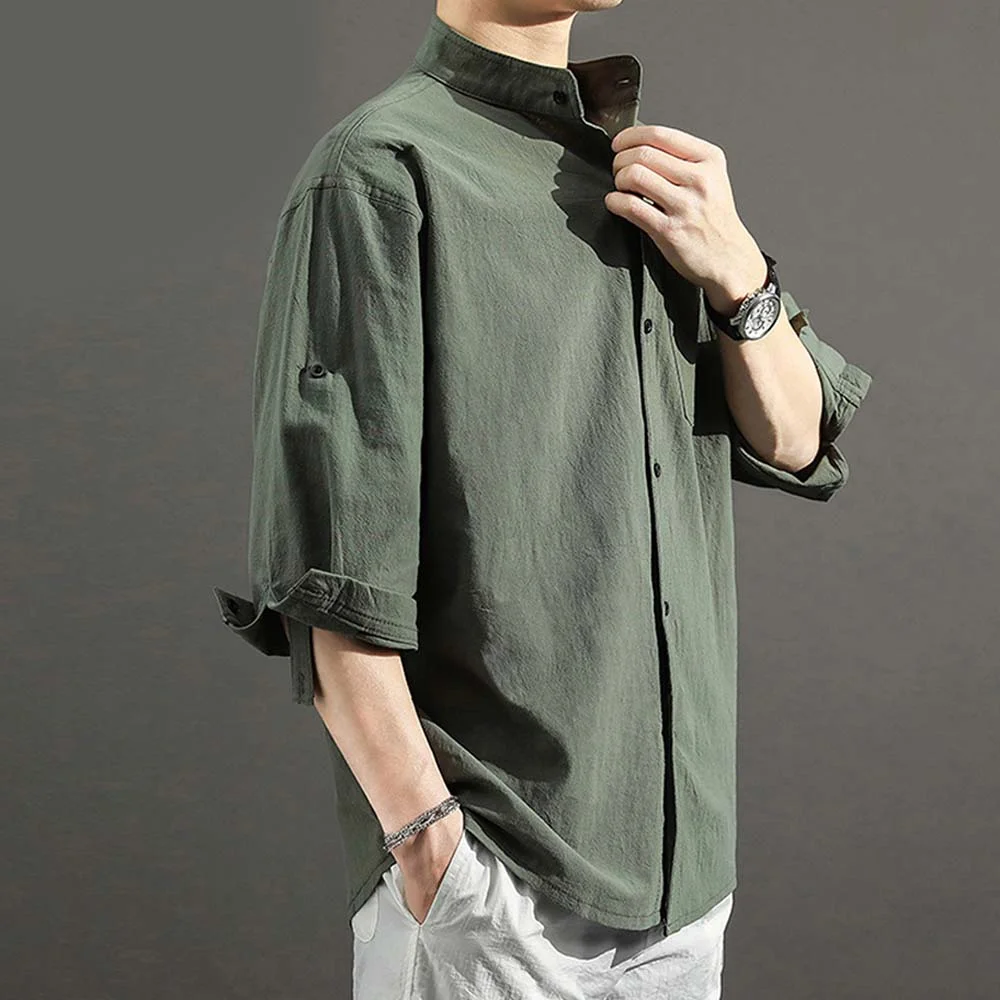 Smiledeer 2024 Men's solid color casual cotton and linen shirt