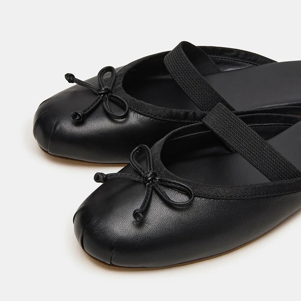 Black Round Toe Flat Ballet Slip On Mules for Women with Bow