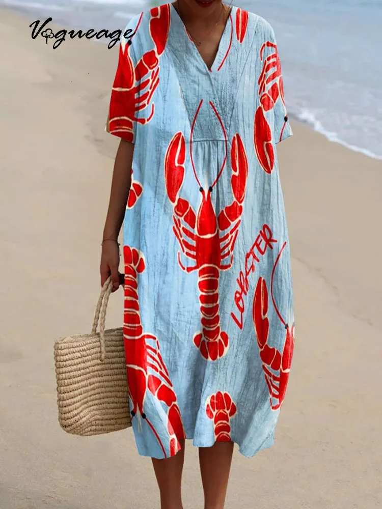 Simple Fashion Casual Crayfish Printed Women's Casual Cotton And Linen Dress