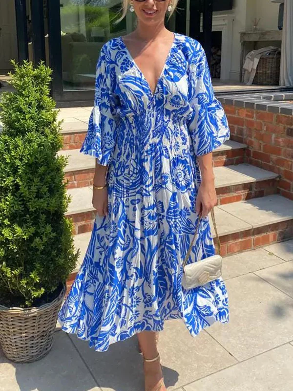 NEW🔥 V Neck Elastic Waist Printed Dress