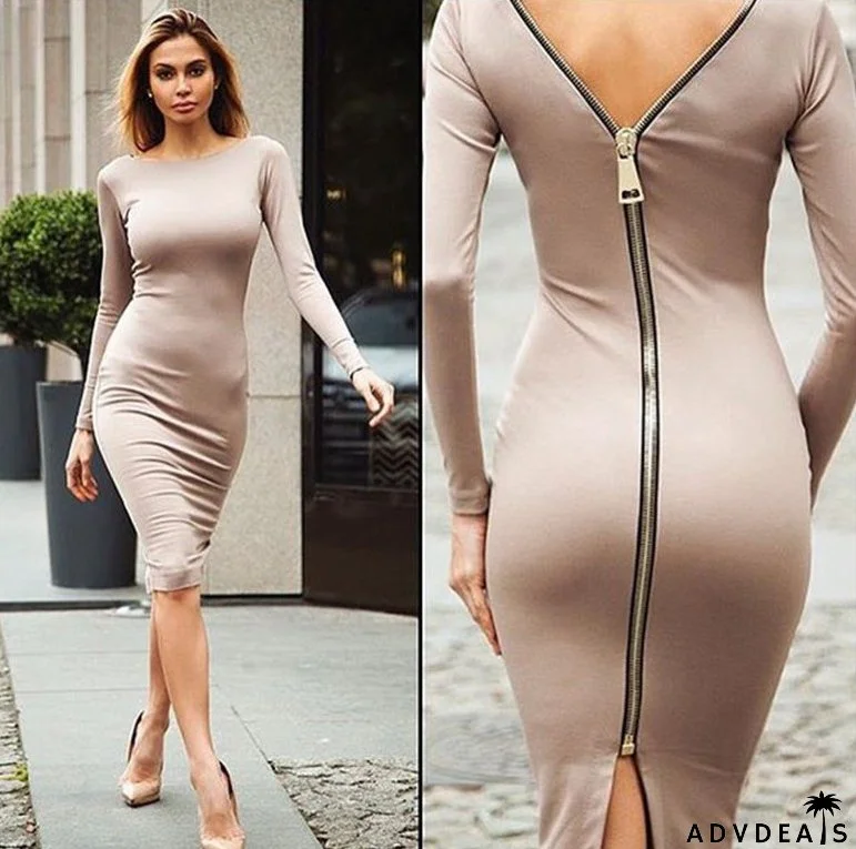 Plus Size Women Zipper Long Sleeve Dress