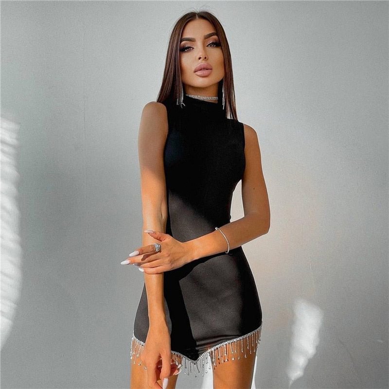New 2022 Tank Strap Middle Neck Casual Evening Party Sexy Backless Women's Clothes Bright Prom Basic Bodycon Mini Dress Vestidos