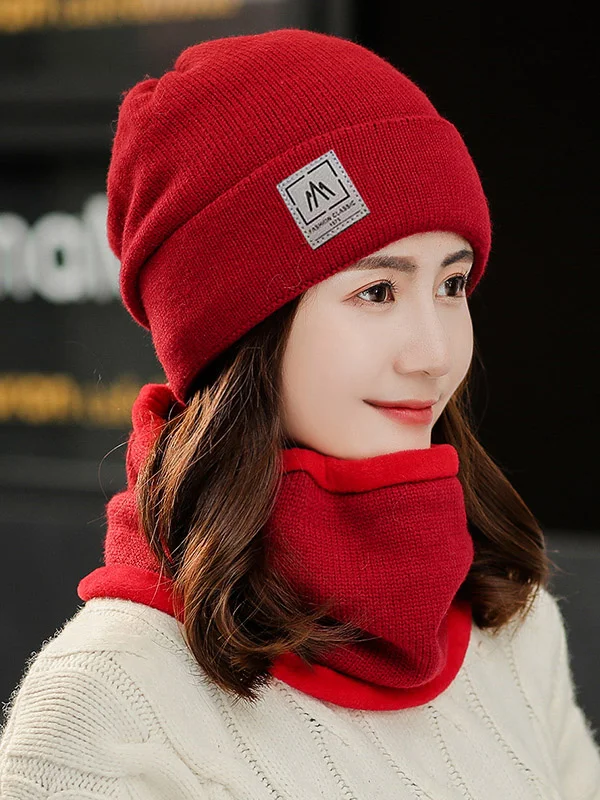 Casual Solid Color Keep Warm Knitted Scarf&Hat Two Pieces Set