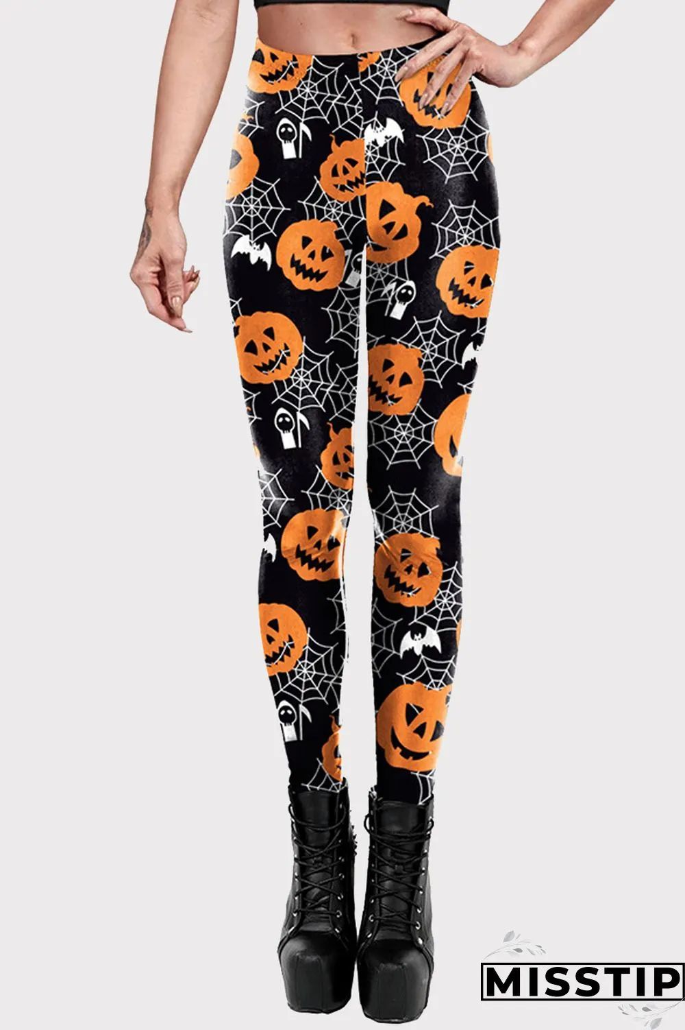 Black Halloween Fashion Casual Basic Print High Waist Skinny Trousers
