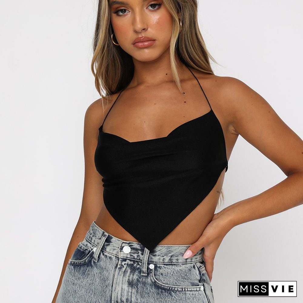 Summer Women Crop Tops Black Halter Camisole Triangle Hem Backless Vest Clothes Streetwear Cropped Feminino