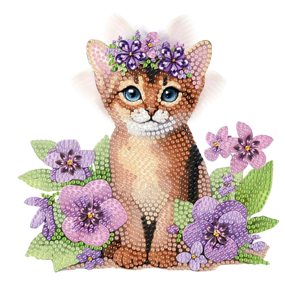 2D Flat Cat DIY Shaking Head Cat Purple Flower Diamond Painting Desktop Decor