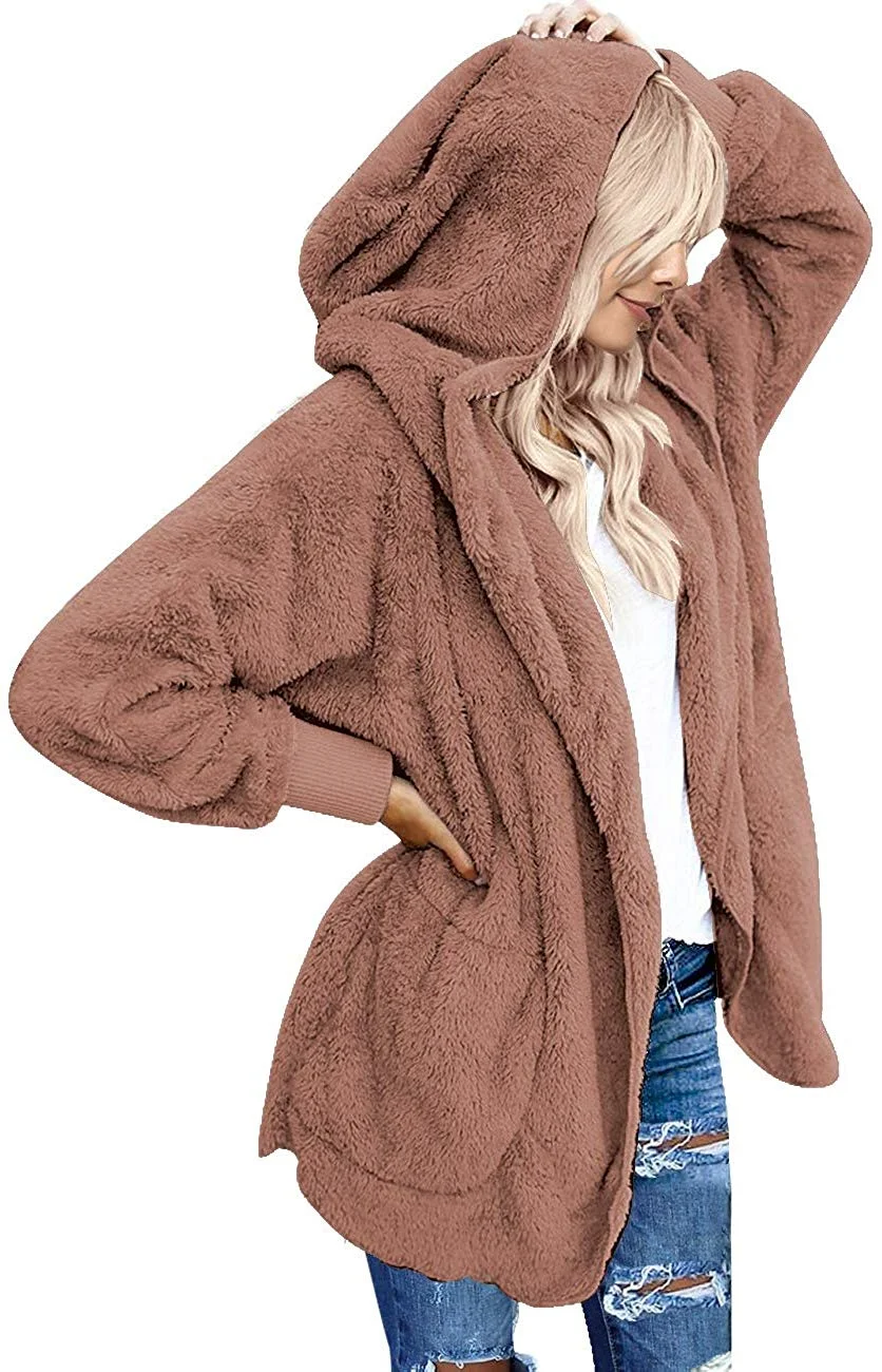Casual Fuzzy Fleece Hooded Cardigan Pocket Faux Fur Outerwear Coat
