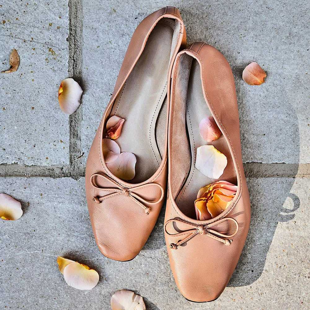 Beige Vegan Leather Square Toe Bow Slip-On Ballet Flats Nicepairs