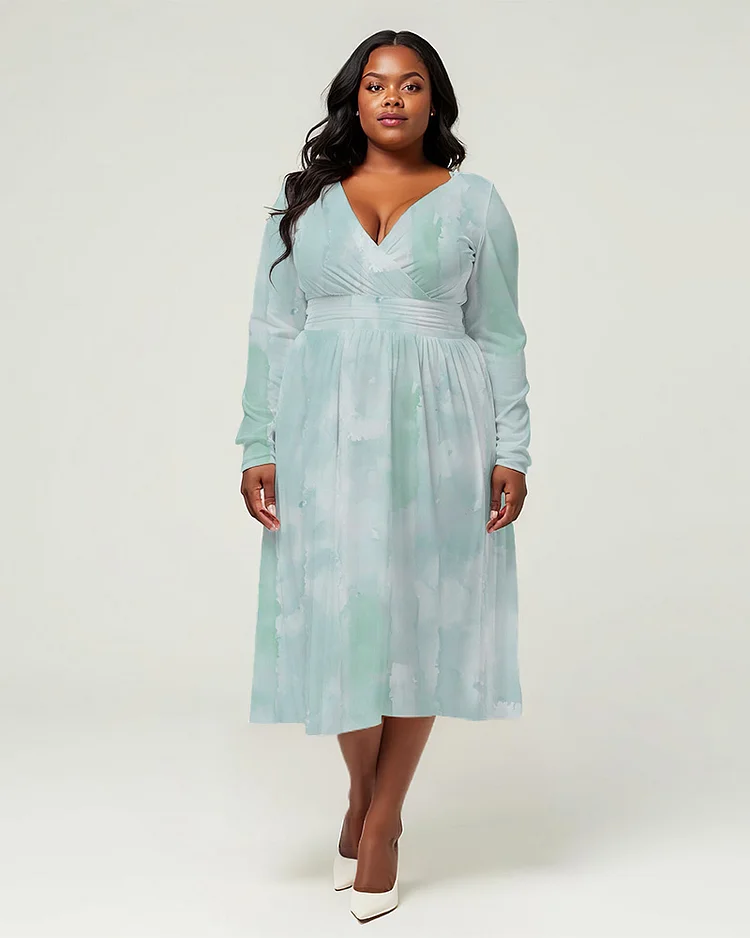 Plus Size Women's Fresh Prints Long Sleeve V Neck Dress