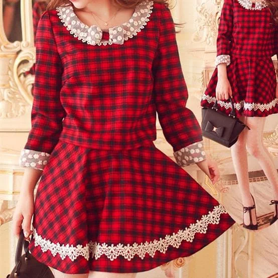 S/M/L Red Grids Dolly Lace Top/Skirt SP153497/SP153856
