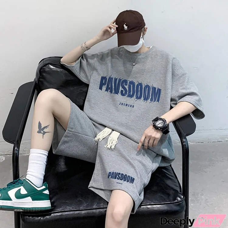 Men's Casual Letter Printing Round Neck Short-Sleeved Waffle T-Shirt And Shorts Two-Piece Set