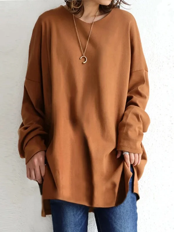 Solid Color Simple V-Neck High-Low Long Sleeve T-Shirts