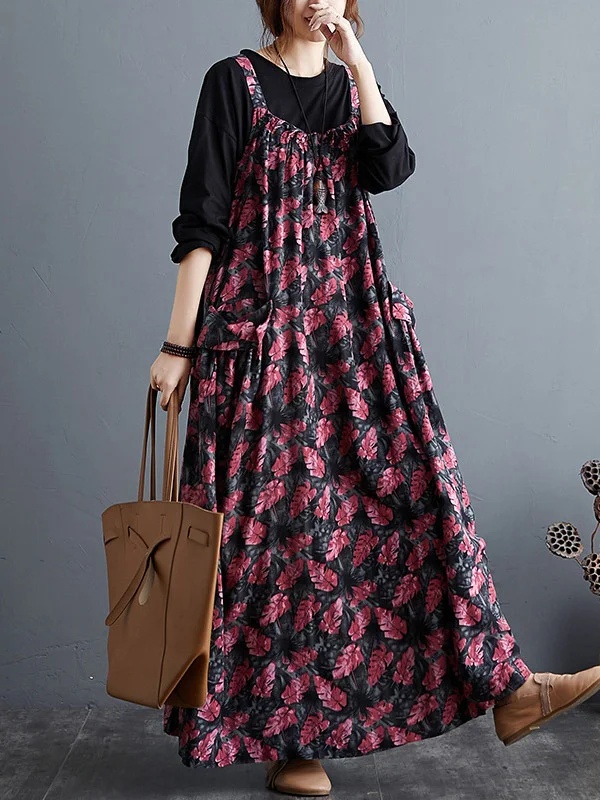 Artistic Retro Ramie Cotton Floral Printed Sleeveless Strap Dress with ...