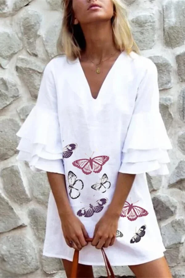 Fashion Ruffle Sleeve Butterfly Print Dress