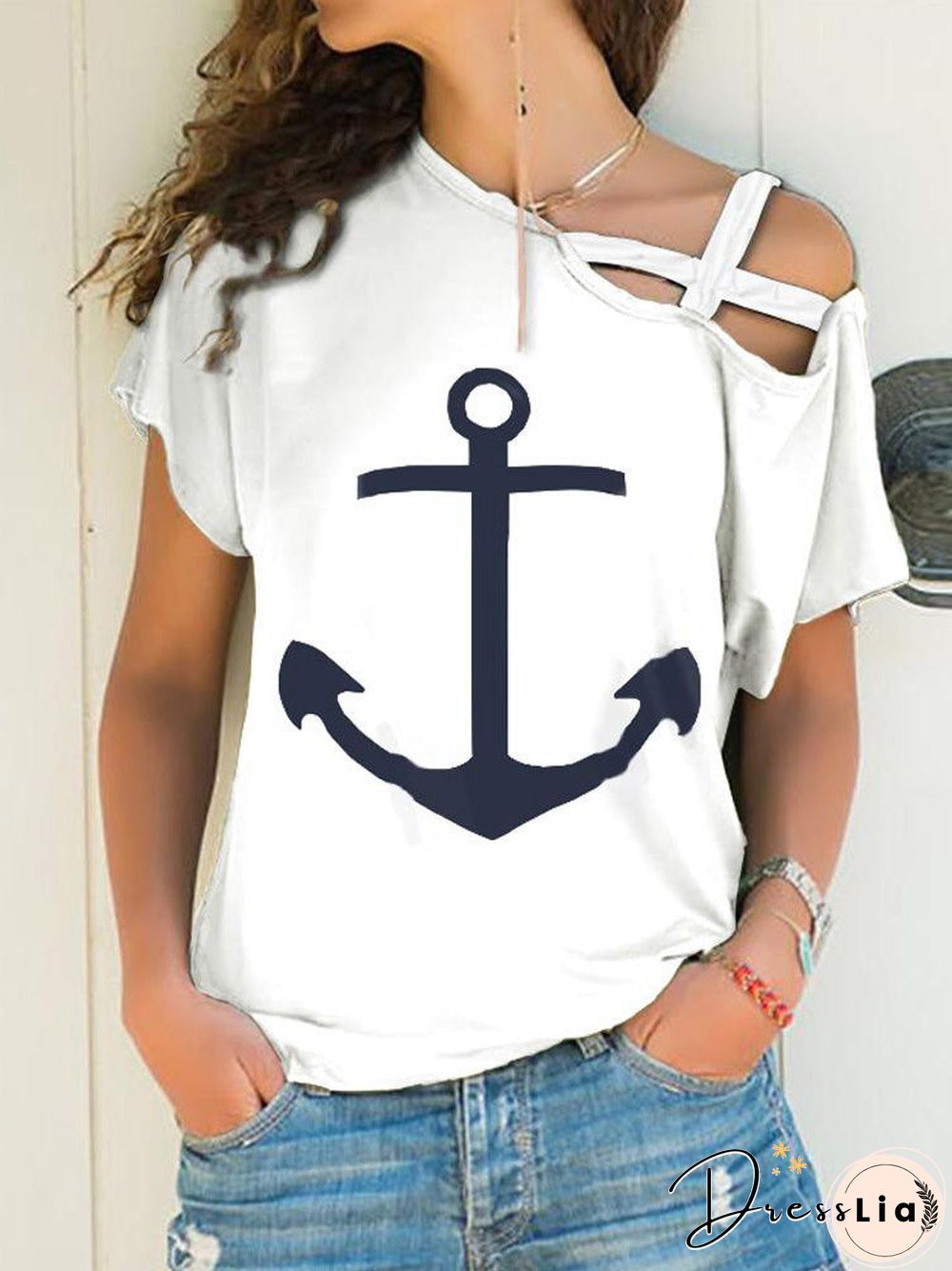 Women'S T-Shirts Printed Asymmetric Strap Short Sleeve T-Shirt