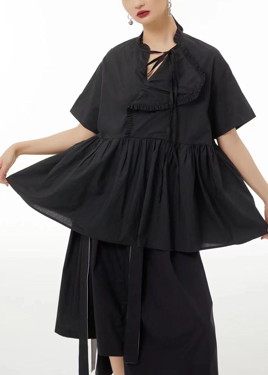 VCSHOES Black Asymmetrical Patchwork Wrinkled Cotton Shirt Tops Summer