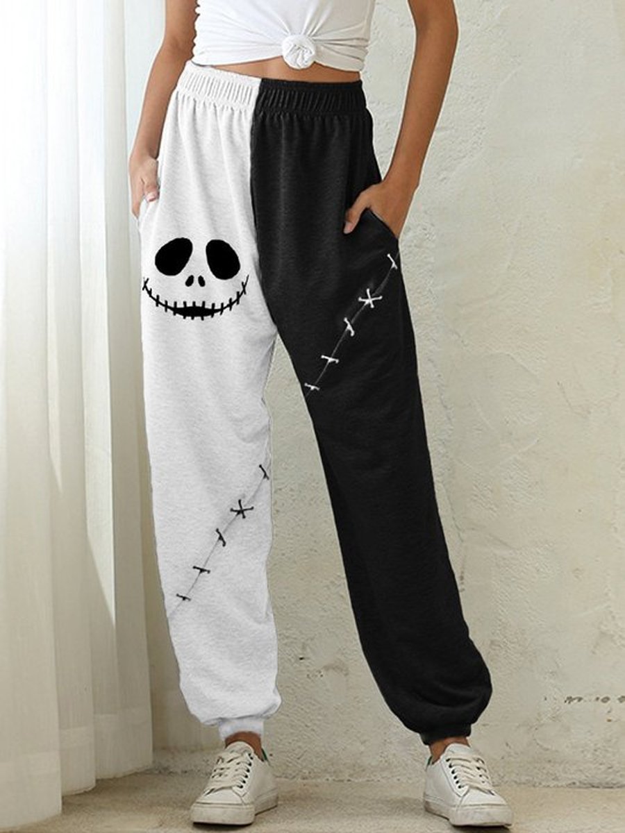Women's Halloween Funny Skull Print Contrast Sweatpants