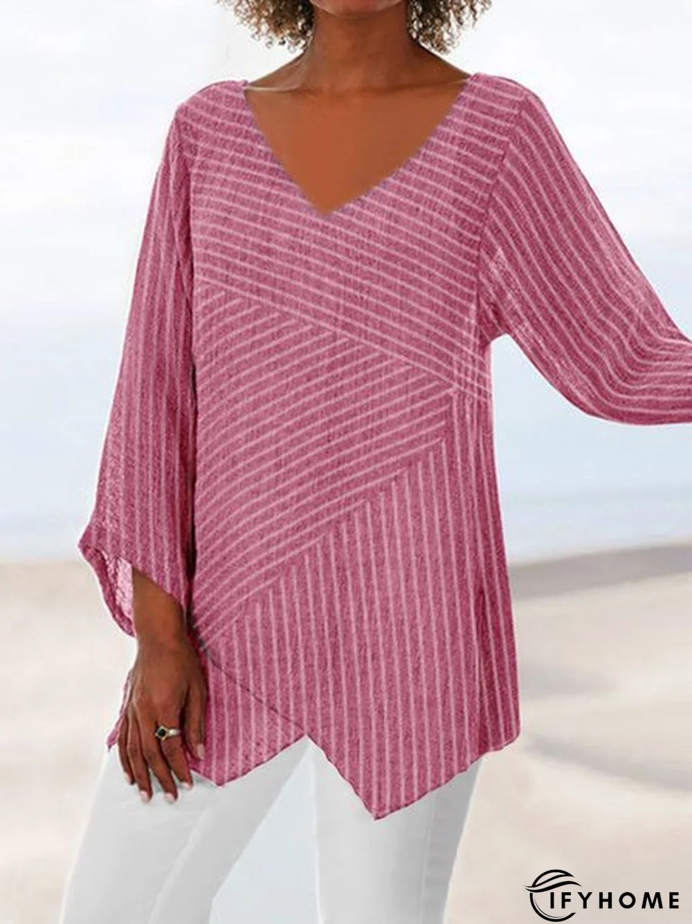 Striped Long Sleeve V Neck Cotton-Blend Tops | IFYHOME