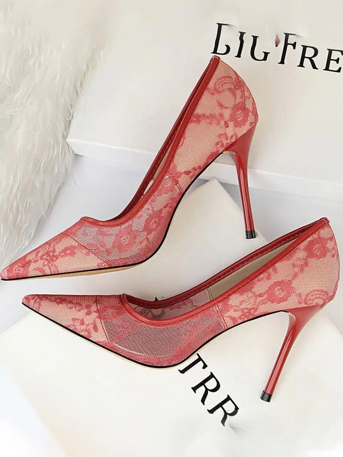 Sexy stiletto high heel shallow mouth pointed toe mesh hollow lace single shoes