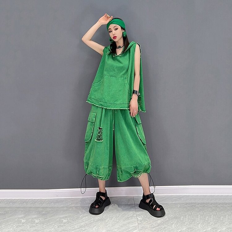 Street Loose Solid Color Hooded Sleeveless Top And Wide Leg Pockets Drawstring Pants Two Pieces Set