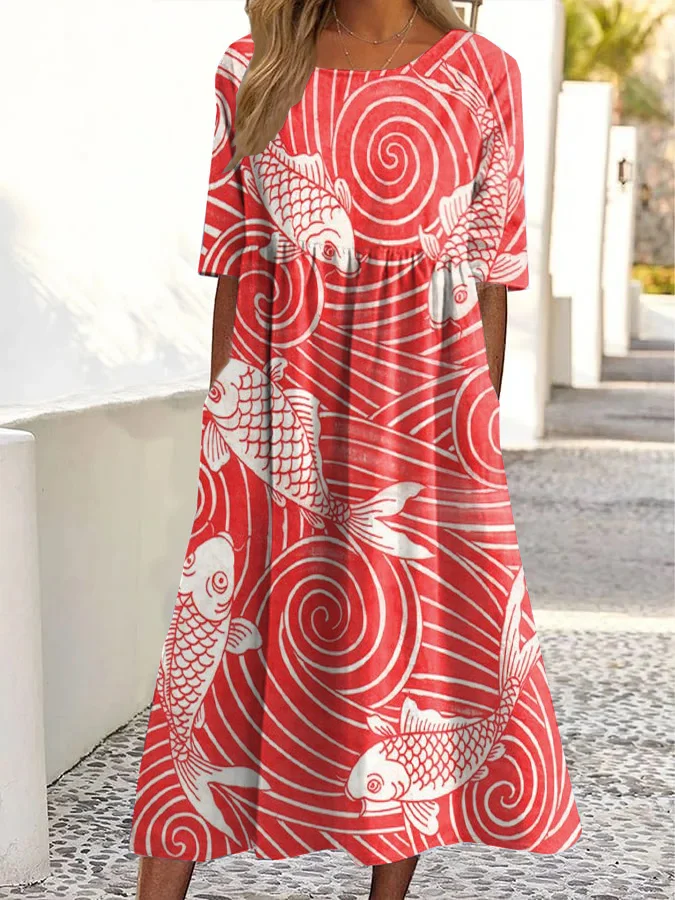 Vintage Fish Print Round Neck Pocket Midi Dress
