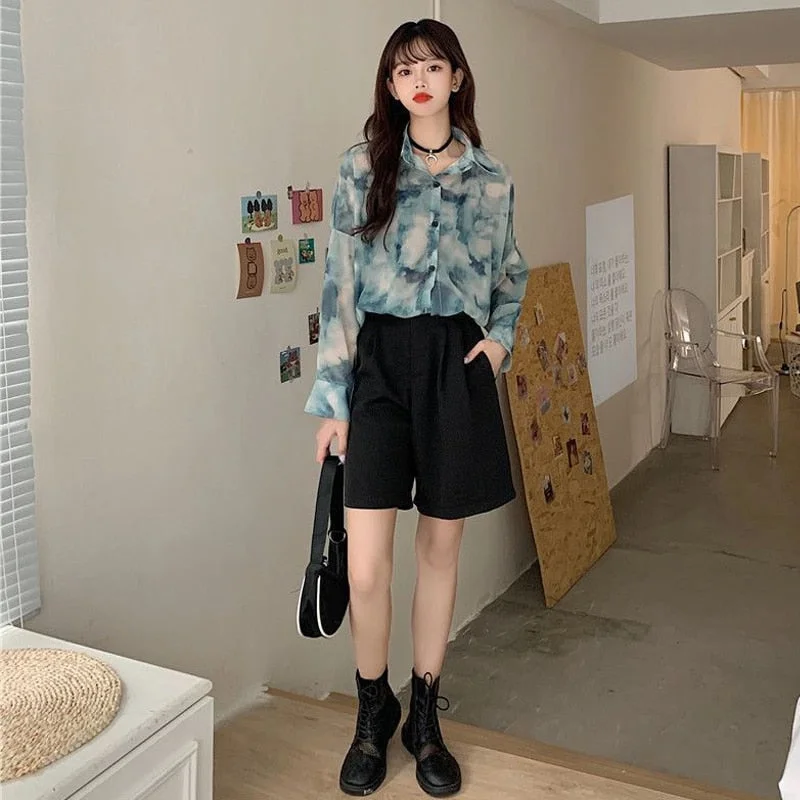 Huibahe Summer Street Style Oversize Women Shirt Blouse Tie Dye Long Sleeve Ladies Tunic Shirts Y2K Button Up Female Clothing Tops