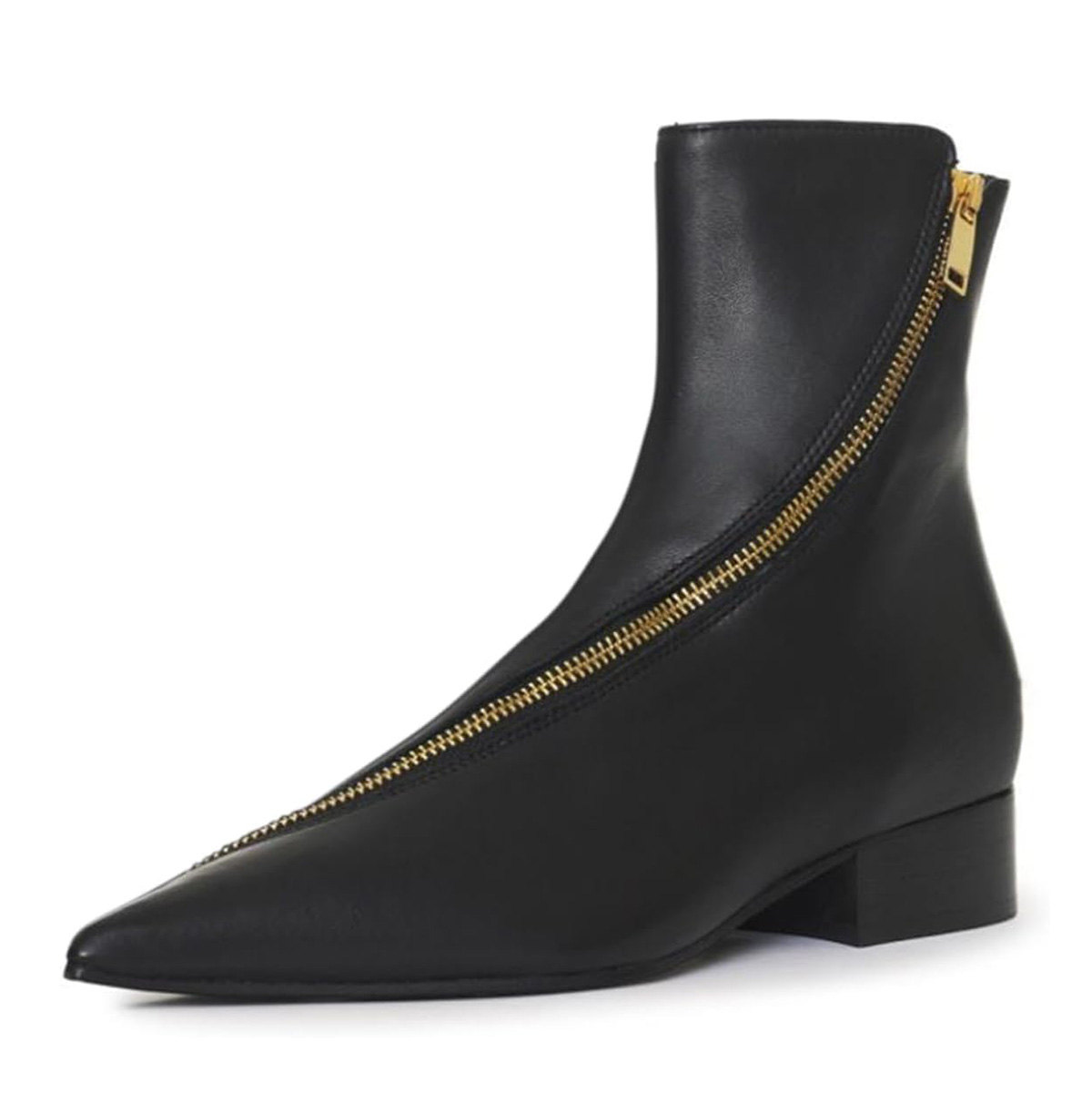 Black Vegan Leather Pointed Toe Block Heeled Ankle Boots with Zipper Nicepairs