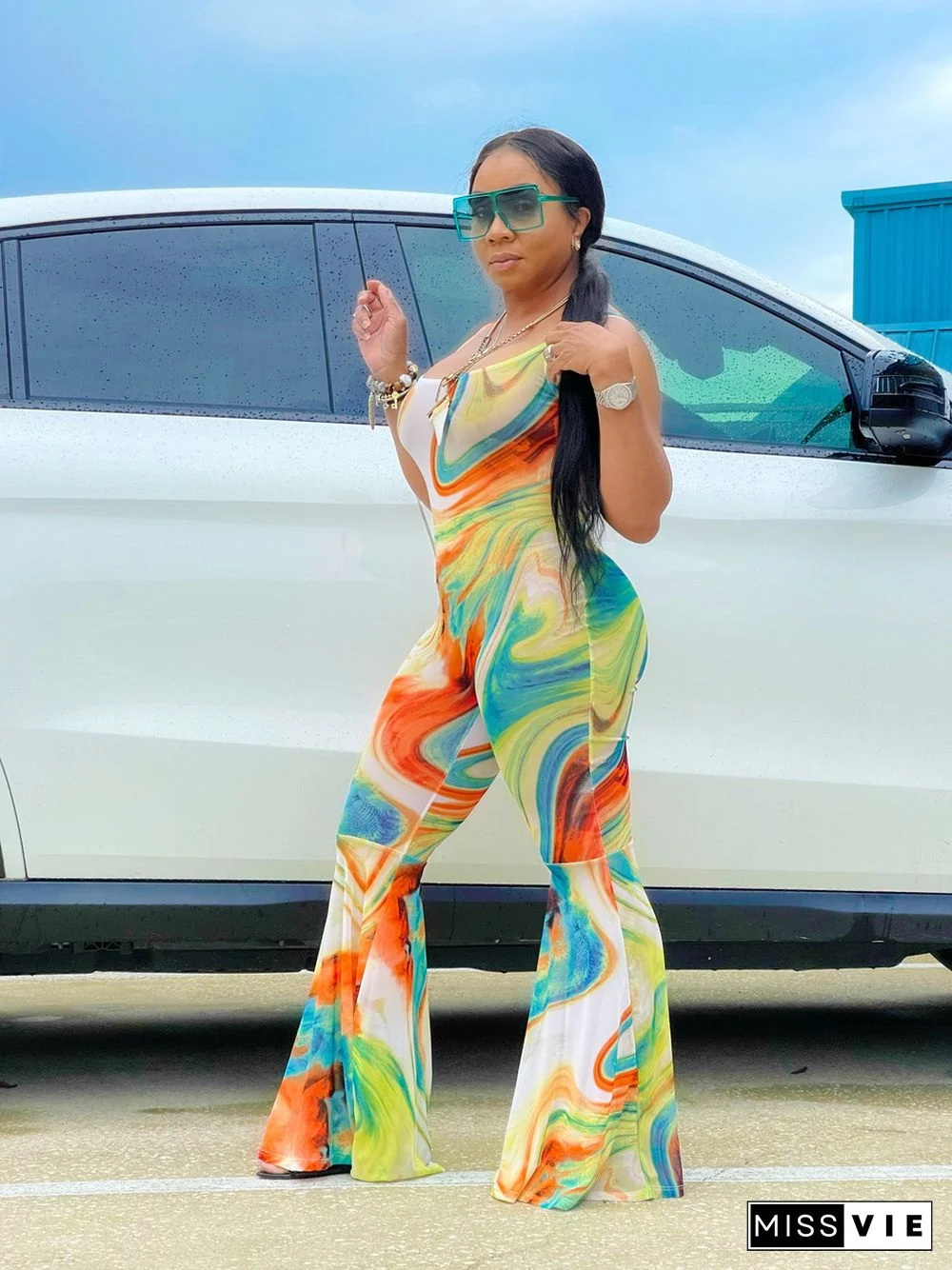 Summer Womens Clothing Casual Tie Dye Print Sleeveless Low Neck Backless Streetwear Bodycon Flare Jumpsuit