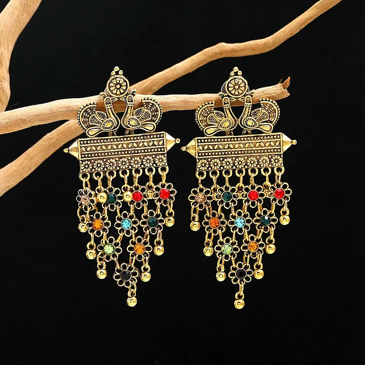 Ethnic Vintage Peacock Hollow Flowers Diamond Beads Tassel Earrings