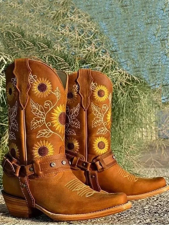 Natural Cowhide Leather Sunflower Boots
