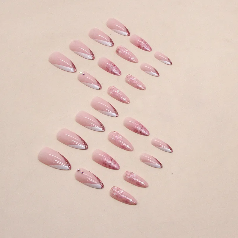 Churchf Churchf Double Spell Flash Powder French Nail White Star Lovely Pink Tender Diamond Fake Nail Wear Nail Finished Product