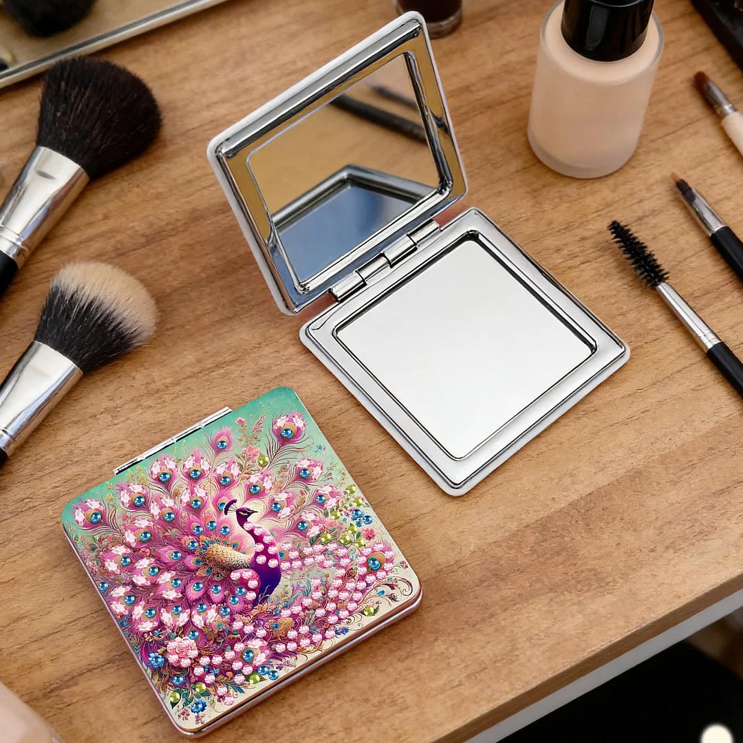 Pink Peacock DIY Special Shaped Diamond Painting Compact Mirror Kits Diamond Art Painting Pocket Mirror for Adults and Beginners