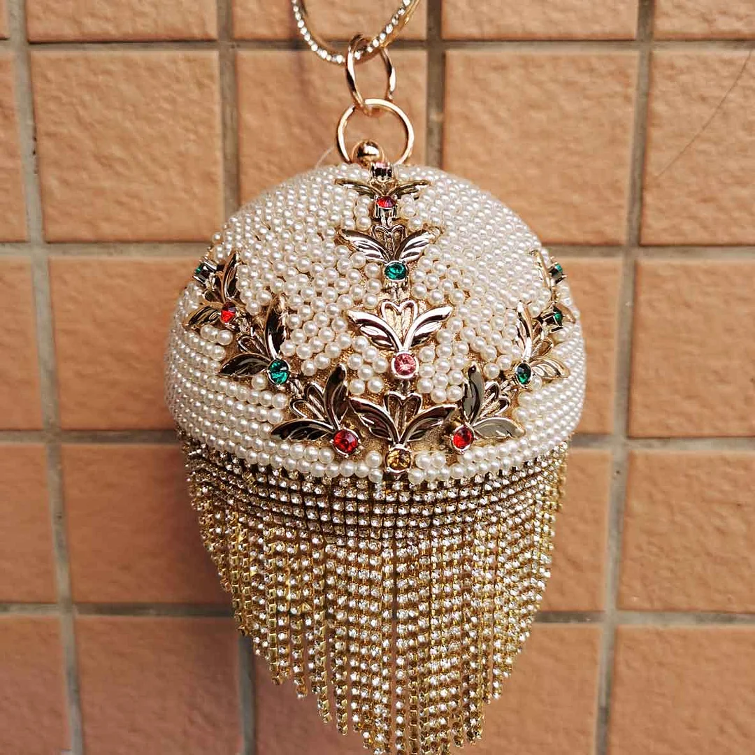 Bowling Design Pearl Clutch Bag circular ring Wristlets Bag Women Party Evening Bag Crystal tassels Ball Female wallet XQ-15