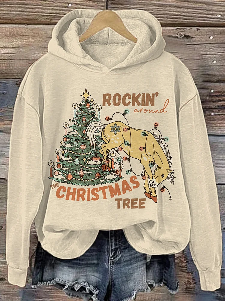 Rockin around the Christmas Tree Print Vintage Western Christmas Cozy Hoodie