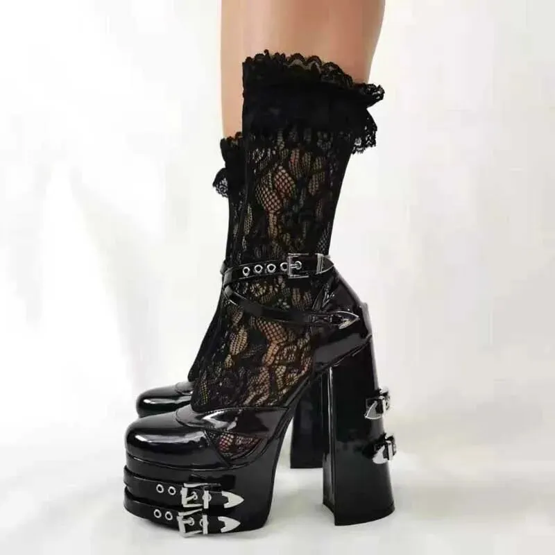 VCSHOES Belt Buckle Chunky Heels Sandals Women Metal Rivets Punk Platform Pumps Girl's Cross Strap Party High Heel Shoes