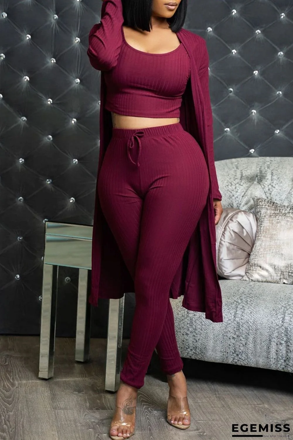 Burgundy Fashion Casual Solid Cardigan Vests Pants O Neck Long Sleeve Three-piece Set | EGEMISS