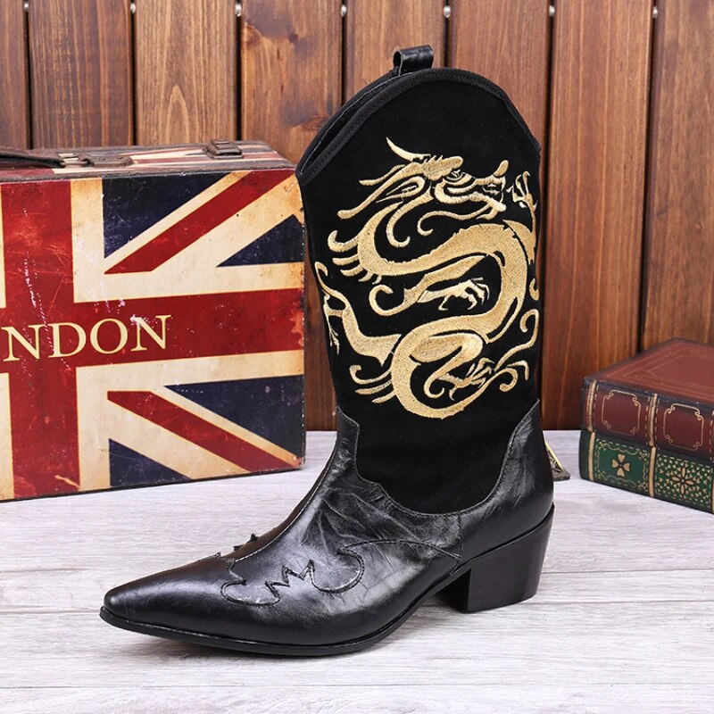 VCSHOES Black Pointed Toe Man Highten Long Boots Embroidery Genuine Leather Male Cowboy Boots Men's Party Dress Boots