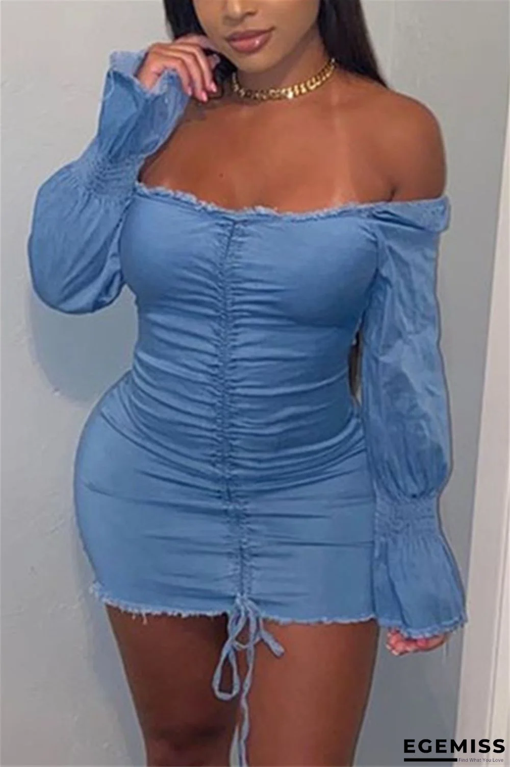 Blue Sexy Off The Shoulder Short Sleeves One word collar Pencil Dress Mini Print Solid Dresses | EGEMISS