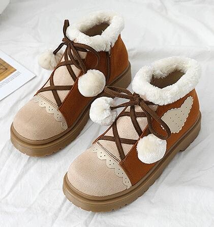 Brown/Black Sweet Plus Velvet Warm Non-slip Cute Love Hairball Kawaii Snow Boots BE521