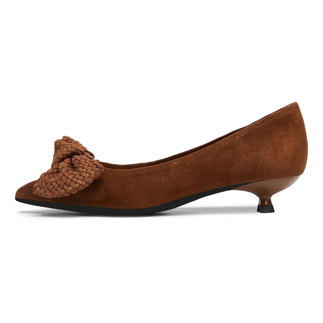 Classic Brown Vegan Suede Pointed Toe Woven Bow Kitten Heel Pumps