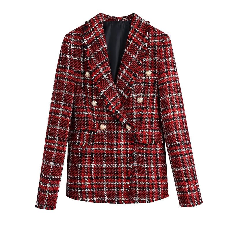 TRAF Women Fashion Double Breasted Tweed Check Blazer Coat Vintage Long Sleeve Frayed Trims Female Outerwear Chic Tops