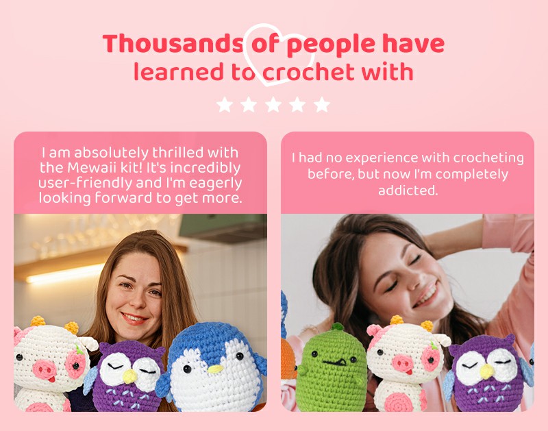 Mewaii Crochet Kit for Beginners, Complete DIY Kit with Pre-Started Yarn, Step-by-Step Videos (Strawberry Cow), Size: 4.7, Pink